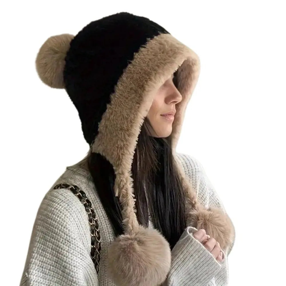 Womens Knitted Hat Winter Warm Beanie with Ear Flaps Pom Pom Extra Soft Thickened Lining Cold Weather Cap for Outdoor Sports