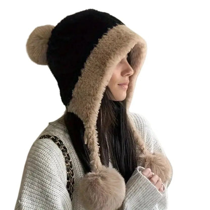 Womens Knitted Hat Winter Warm Beanie with Ear Flaps Pom Pom Extra Soft Thickened Lining Cold Weather Cap for Outdoor Sports