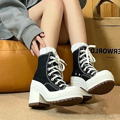 Women's Platform Canvas Sneakers Luxury Heels Lace Up Skateboard Shoes