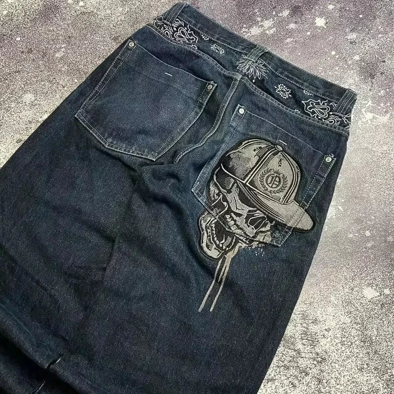 Street Fashion Trend Totenkopf bestickte Jeans Damen Harajuku Y2K Neue Hip Hop Joker Straight Wide-Leg Hosen Paar Freizeitjeans