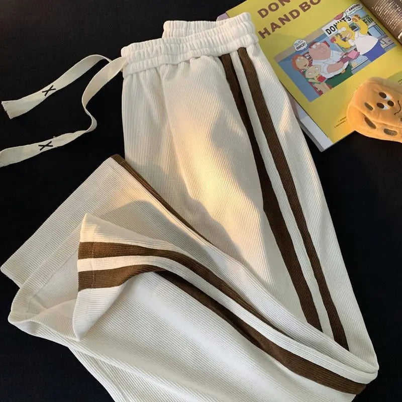 Fleece Corduroy Solid Striped Straight Pants Men Patchwork Drawstring Versatile Trendy Casual Trousers