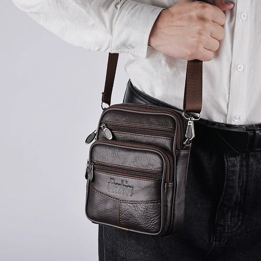 Men's Genuine Leather Crossbody Bag High Quality Zipper Pocket Retro Business Messenger Bag for Men - Teglex