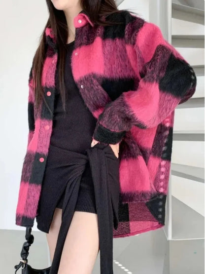 Chic Autumn Winter Thiened Warm Long Sve Women's Woolen Coat Casual Sle Loose Fit Plaid Pattern Button Detail irt