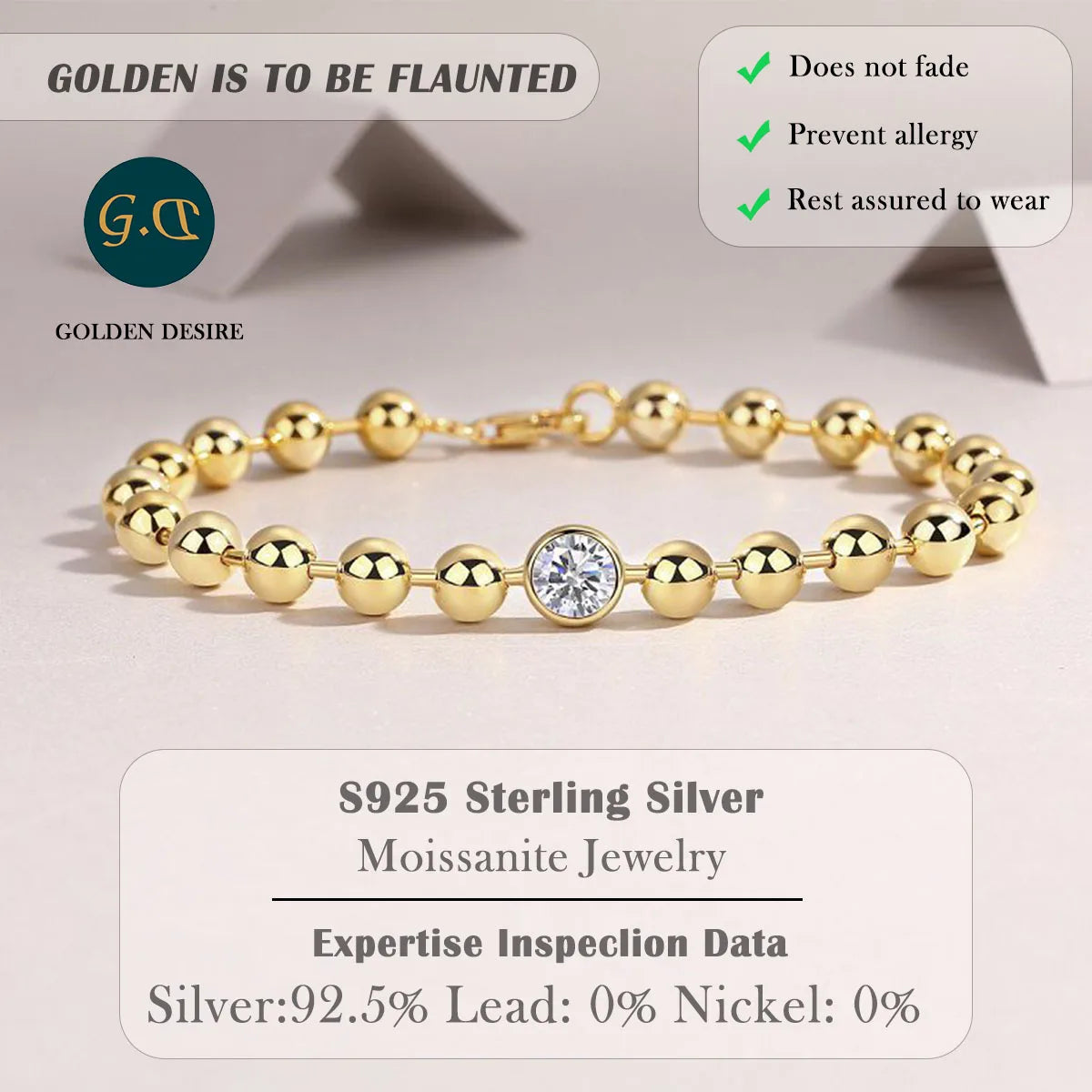 Funkelndes Moissanit-Akzent mit 1 Karat – Zeitloses Eleganz-Kugelarmband – 18K vergoldetes 925er Silber