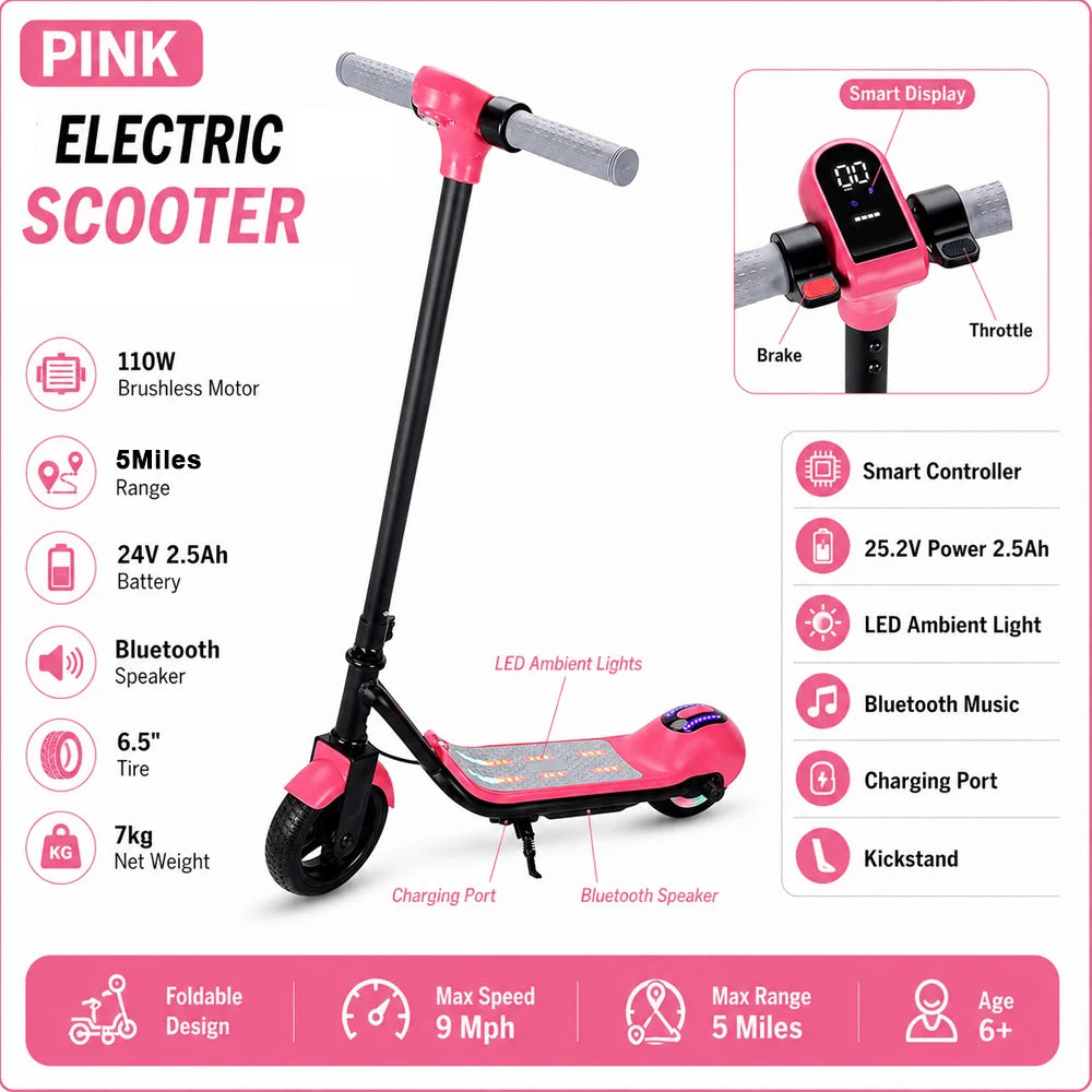 Pink electric scooter with features listed on a white background