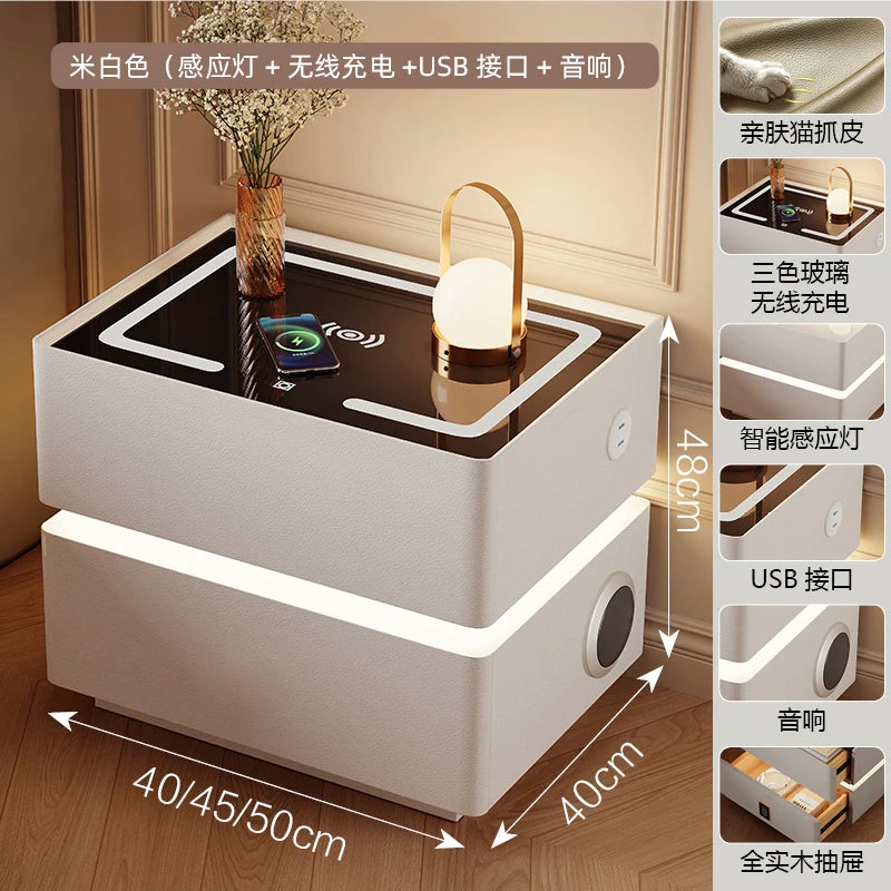 Intelligenter Nachttisch mit kabellosem Laden, schwebender LED-Nachttisch, luxuriöser, moderner Nachttisch mit 2 Schubladen, kompakte Schlafzimmermöbel