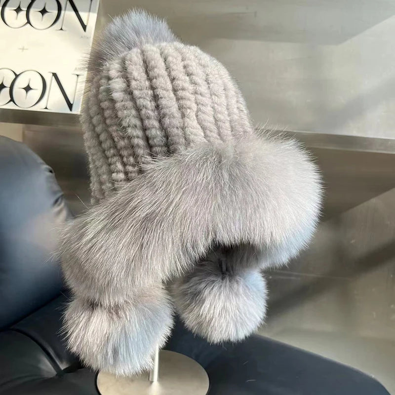 Real Mink Fur Hatfor Women Woven Fur Fisherman Hat With Fox Fur Ball  Thickened Warm Ear Protection Hat Hand Beanies Bonnets Cap