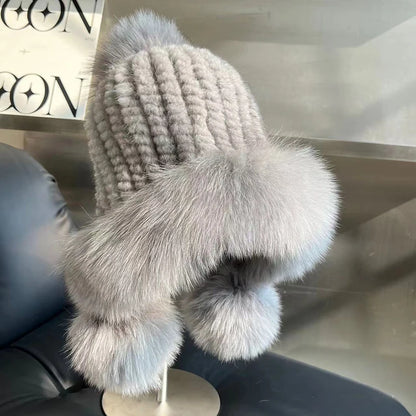 Real Mink Fur Hatfor Women Woven Fur Fisherman Hat With Fox Fur Ball  Thickened Warm Ear Protection Hat Hand Beanies Bonnets Cap