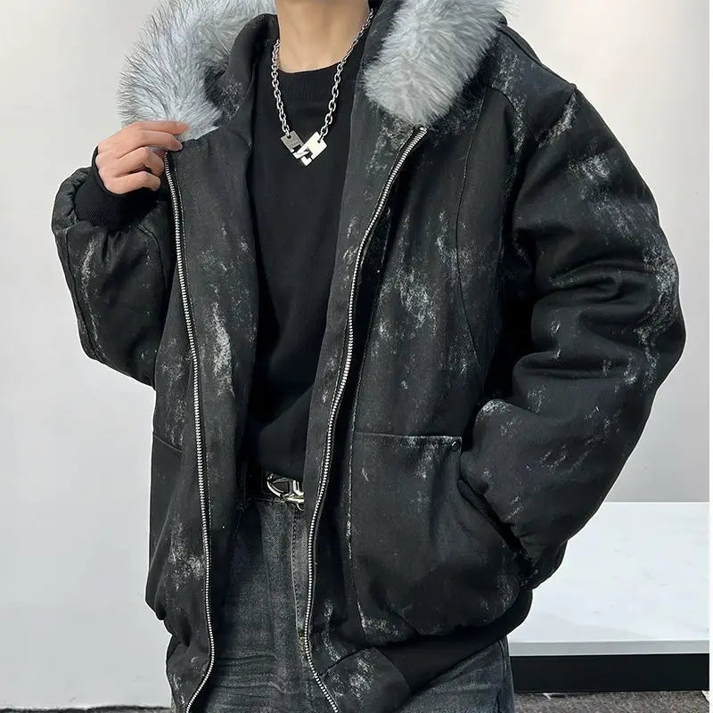 Y2K Cotton jacket with fur collar eagle embroidered and tie-dyeed winter men's design outdoor jacket thick and comfortable