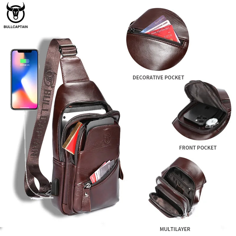 BULLCAPTAIN 2023 The Latest Men's Leather Chest Bag Large Capacity Casual Men's Messenger Bag Classic Leather Chest Bag XB 127
