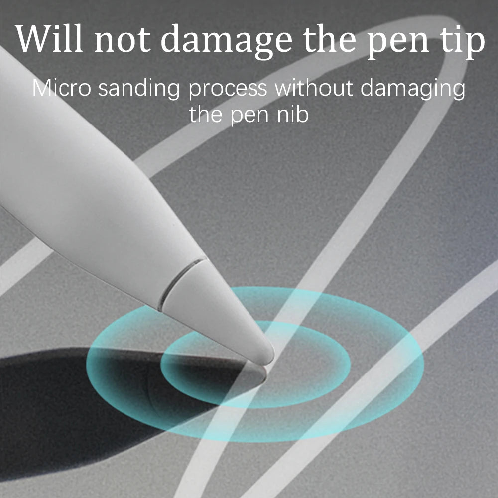 Stylus pen tip with text indicating it will not damage the pen tip during a micro sanding process.