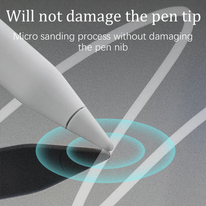 Stylus pen tip with text indicating it will not damage the pen tip during a micro sanding process.