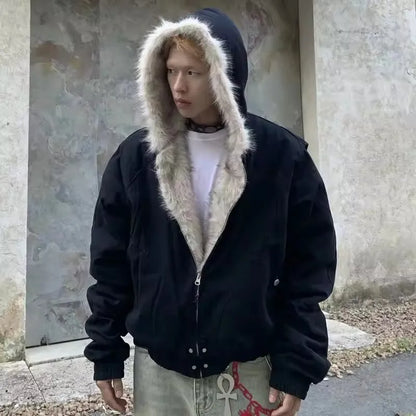 Winter Warm Clothing Men Women Retro Simple Plush Coat Sportswear New Loose Hooded Cotton Jacket Punk Fur Collar Jacket Couple