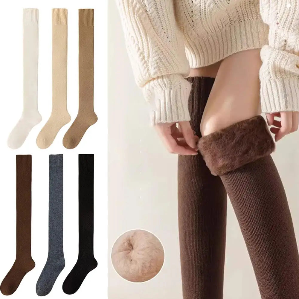 New Winter Women's Fleece-Lined Over-the-Knee Socks Thickened Warm Thigh-High Socks Solid Color Leg Warmers Boot Cuff Long Socks