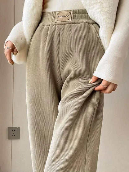 Winter Warm Thicken Lambswool Straight Pants Women Casual Elastic High Waist Fleece lined Wide Leg Pantalones Chic Baggy Calca