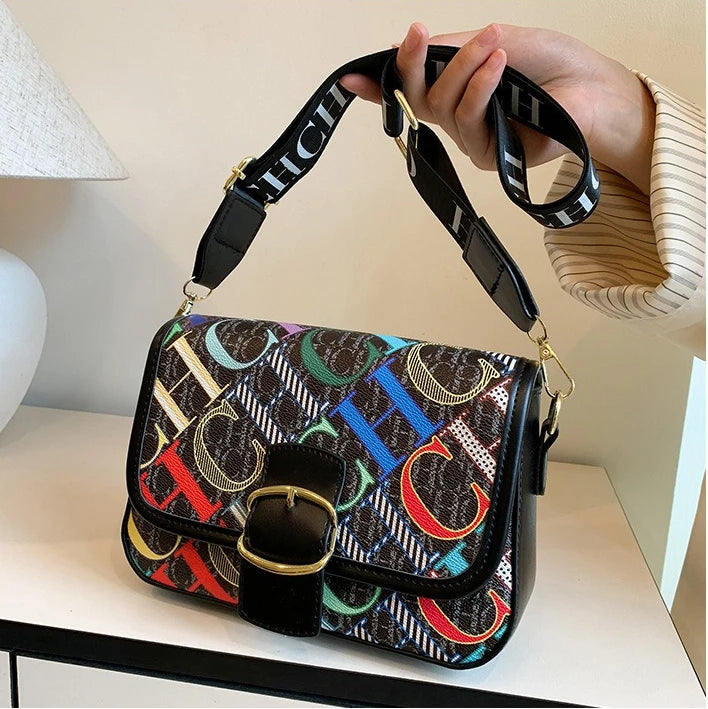 Winter Hot Sale Contrasting Color Letter Inkjet  Square Bag Luxury Trendy Single Shoulder Width Webbing Crossbody Women's Bag