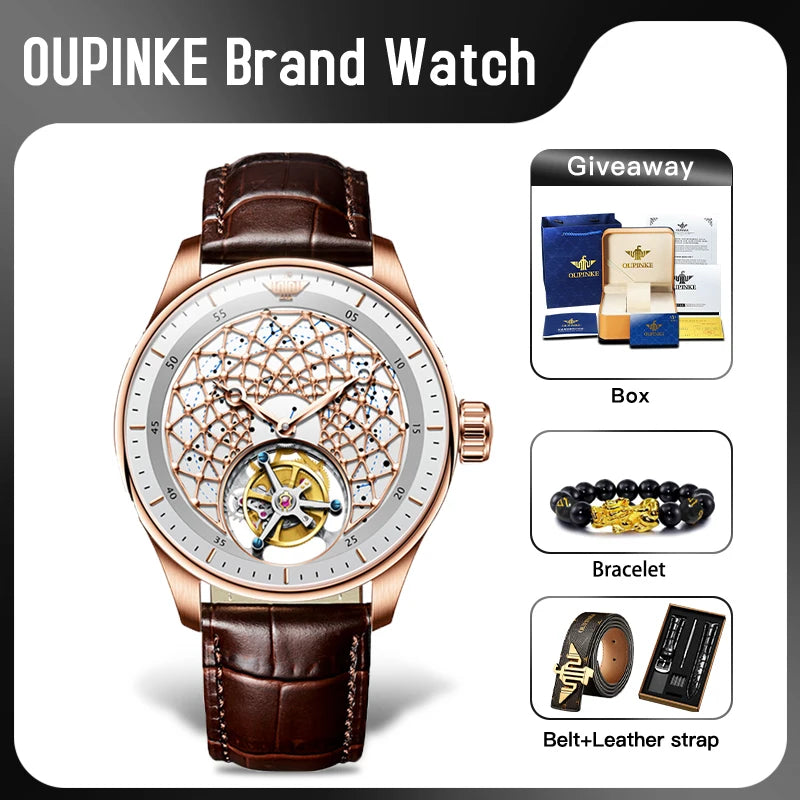 OUPINKE Watch Tourbillon Fully Automatic Mechanical Watch 50M Waterproof Sapphire Mirror Watches