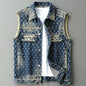 Retro Trendy Motorrad-Jeansweste für Herren Frühling und Herbst High Street Stylisch Locker Jacquard Ärmellose Weste Oberbekleidung