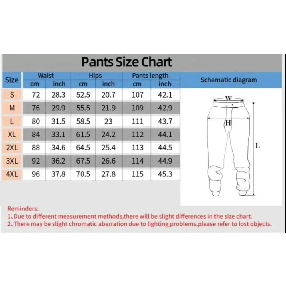 Pants size chart with measurements in centimeters and inches
