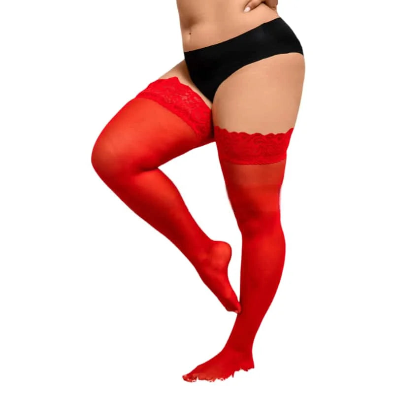 Red thigh-high stockings with lace details on a white background