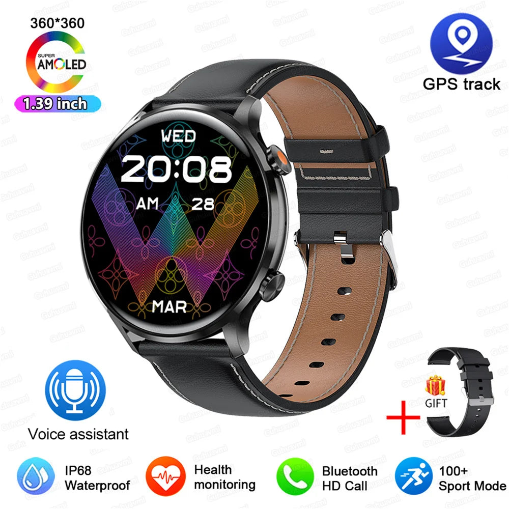 Smartwatch with brown leather strap and colorful display on a white background, featuring various icons and text.
