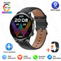 Smartwatch with brown leather strap and colorful display on a white background, featuring various icons and text.
