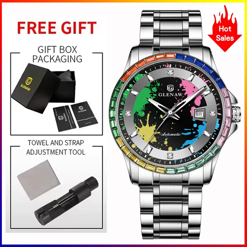 Rainbow Circle Mechanical Watch Graffiti Dial Night Light Calendar Waterproof Mechanical Watch