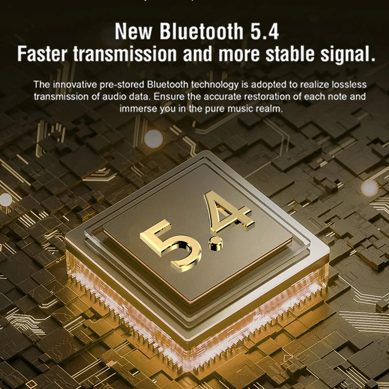 Gold Bluetooth 5.4 chip on a circuit board with text about faster transmission and stable signal.