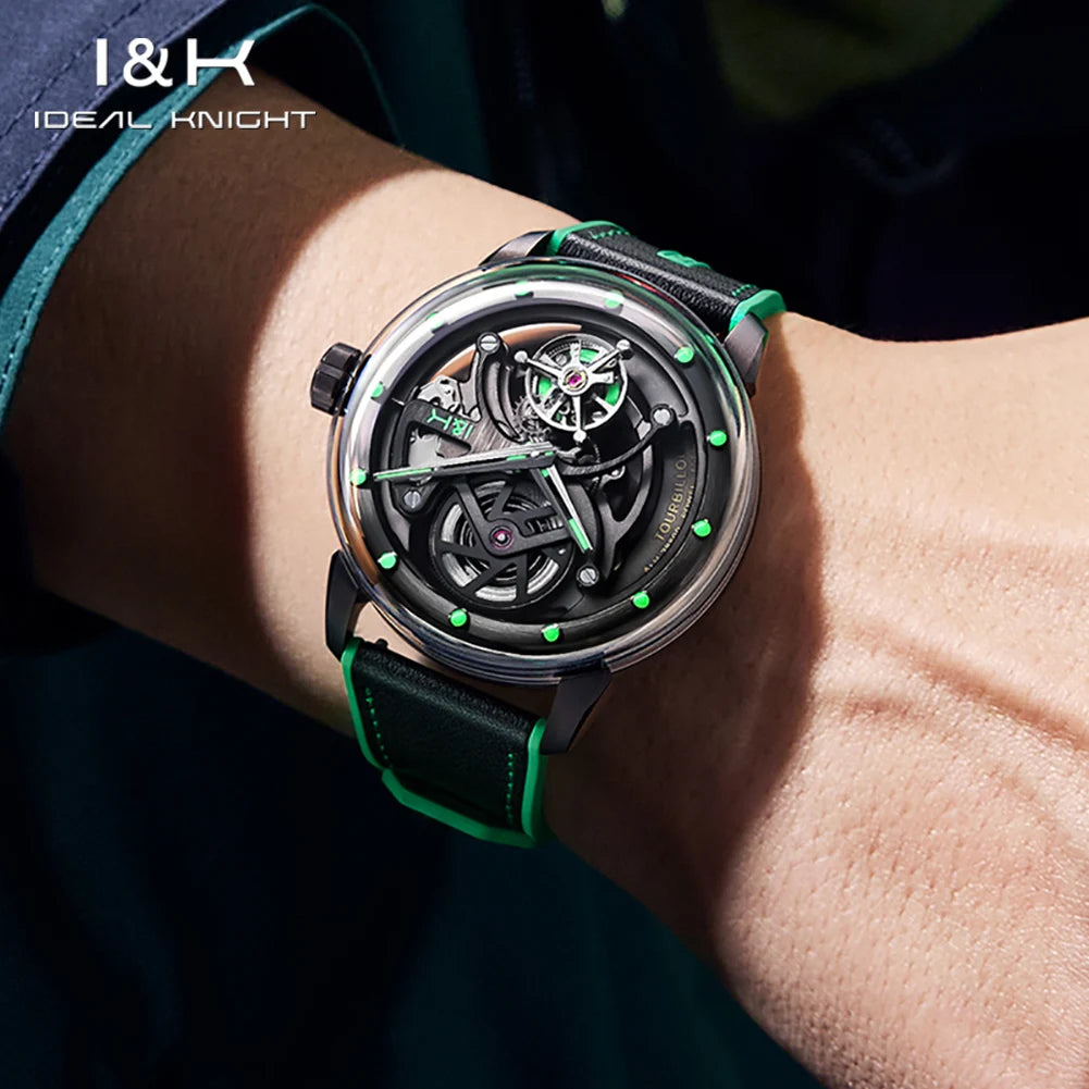 IDEAL KNIGHT Watches Brand Advanced Tourbillon Skeleton Automatic Mechanical Watch Waterproof Luminous