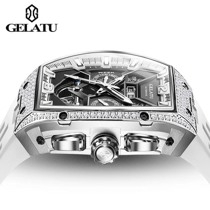 Luxury silver watch with intricate design on a white background, featuring the brand 'Gelatu'.