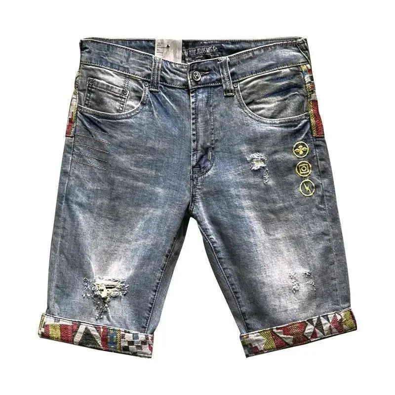 Distressed denim shorts with colorful trim on a white background