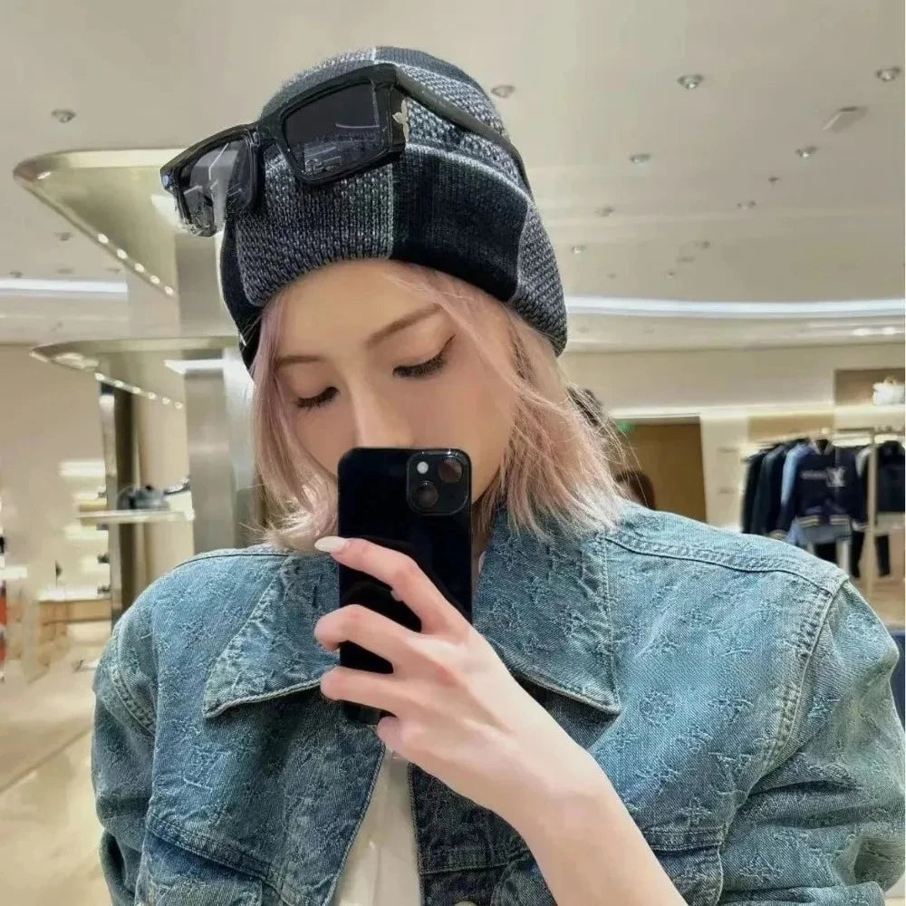 Warm Knitted Hat Winter Outdoor Unisex Fleece Lined Cuffed Scarf Design Fashionable Sporty Luxury Style Geometric Embroidery