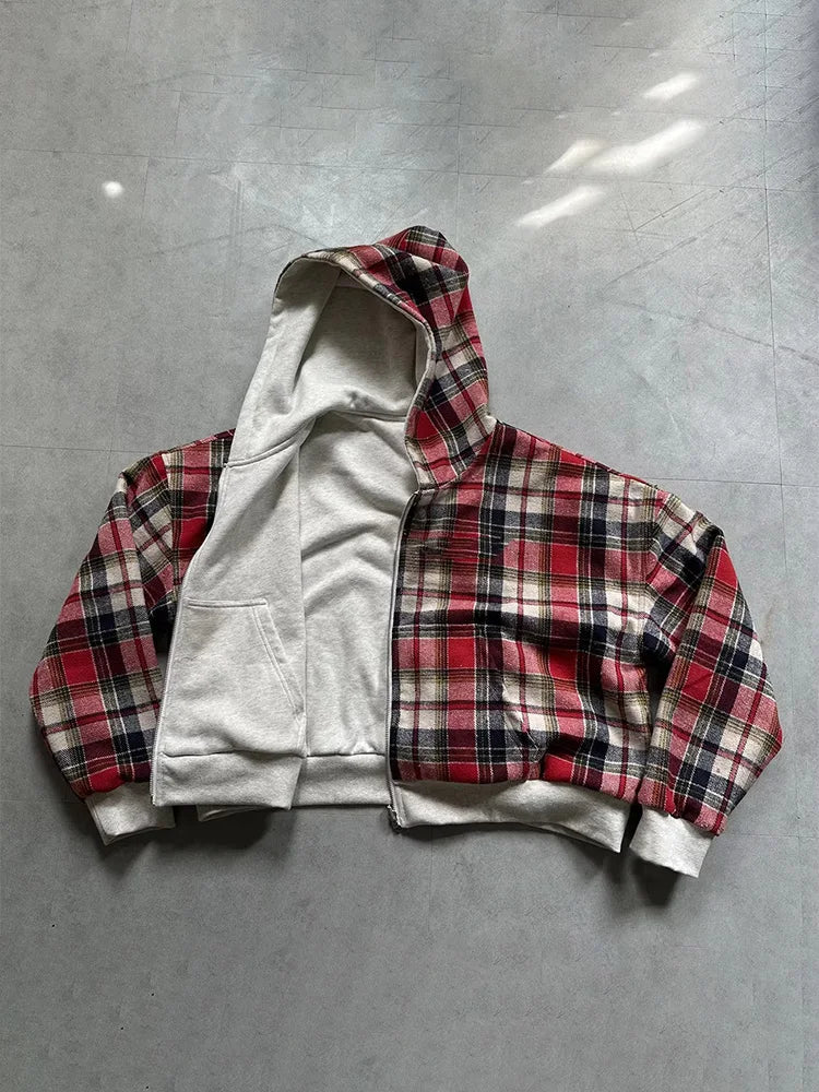 Heavy Plaid Hoodie Women's Warm Zip-Up Double-Sided Sweatshirt