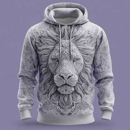 2025 Fall Winter Men's Vintage Animal Lion 3D Prints Hooded Hoodies Sweatshirt Long Sleeve Crew Neck Streetwear Drawstring Tops