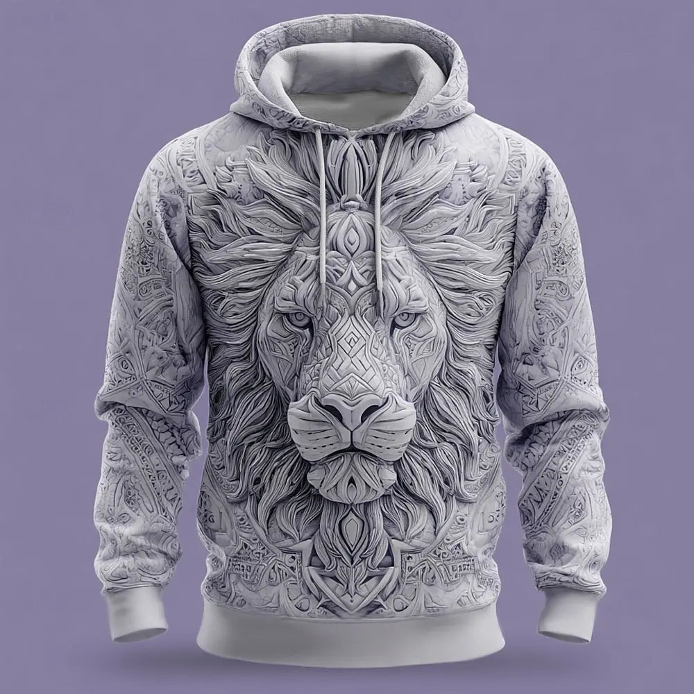 2025 Fall Winter Men's Vintage Animal Lion 3D Prints Hooded Hoodies Sweatshirt Long Sleeve Crew Neck Streetwear Drawstring Tops