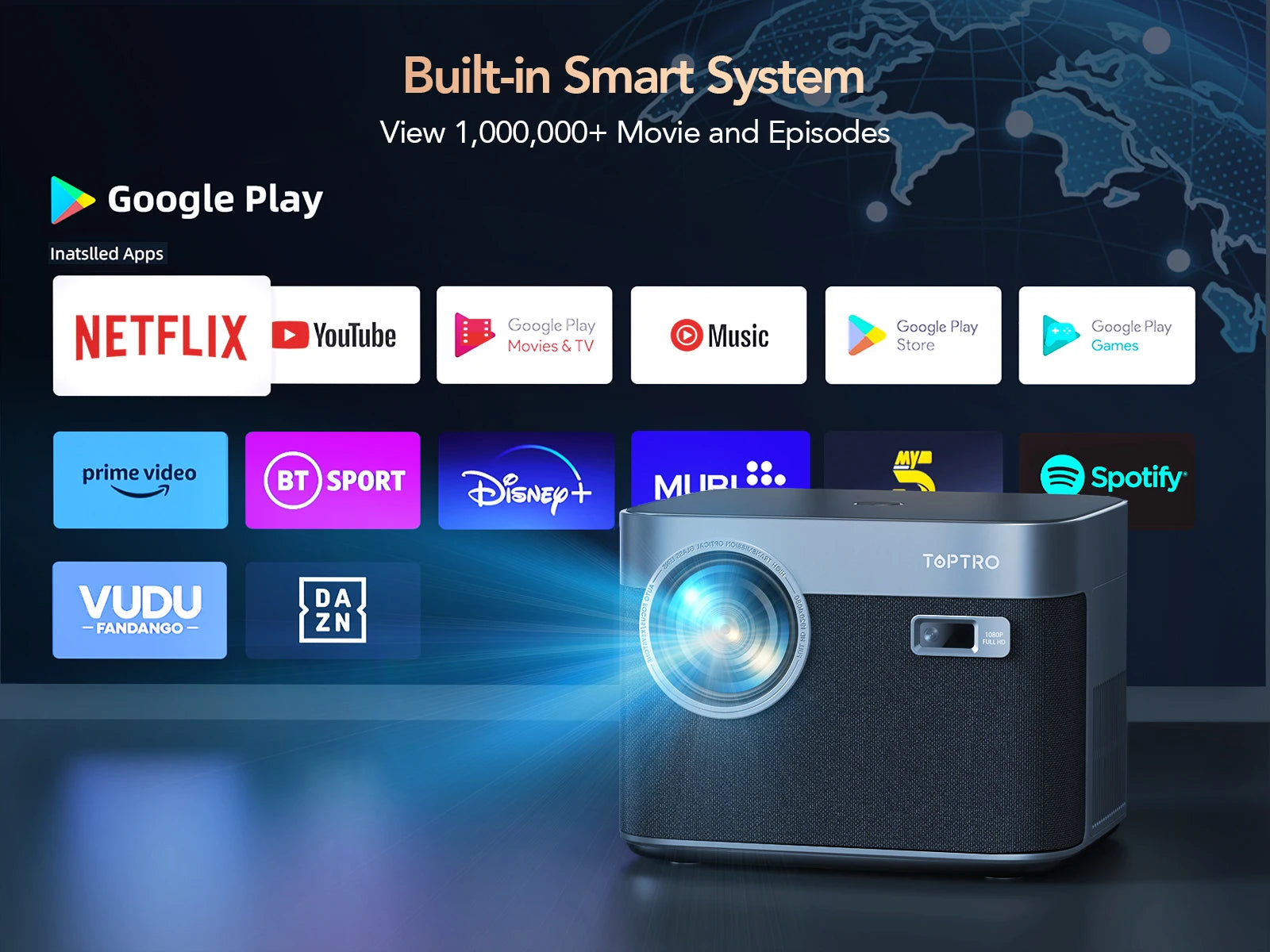 Projector with streaming platform logos on a dark background