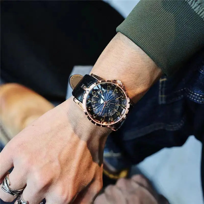 Close-up of a person's wrist wearing a rose gold watch with a detailed face.