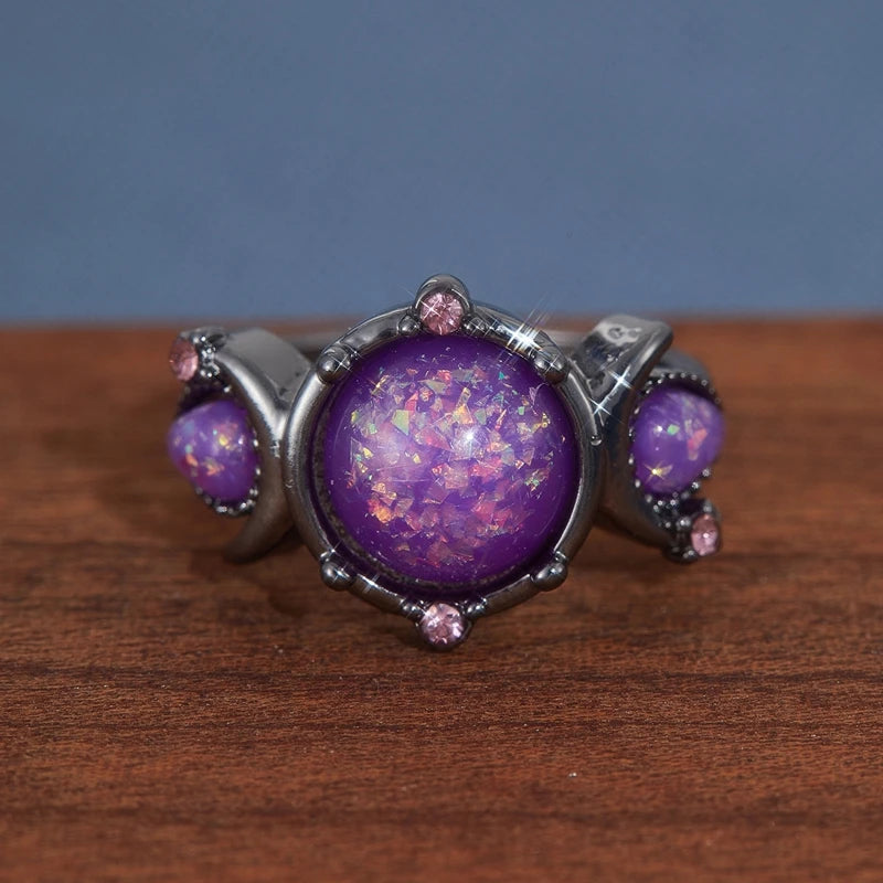 Fashion Female Round Purple Imitation Fire Opal Black Rings for Women Bridal Accessories High Quality Vintage Jewelry Gift