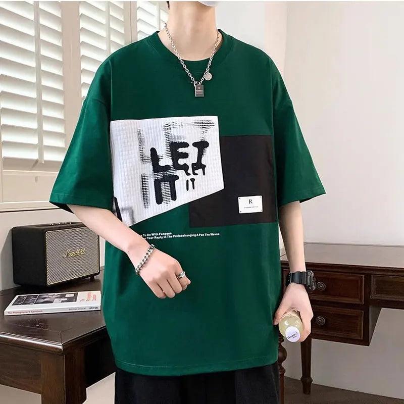 Men's Retro Patchwork T-Shirt  Neck Loose Tshirt