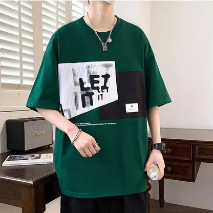 Men's Retro Patchwork T-Shirt  Neck Loose Tshirt