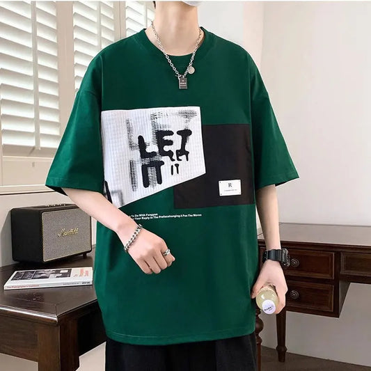 Men's Retro Patchwork T-Shirt  Neck Loose Tshirt