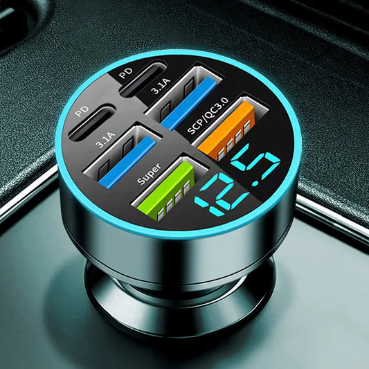 USB-C 6-Port Car Charger — Super Fast Charging with Voltage Detection Display