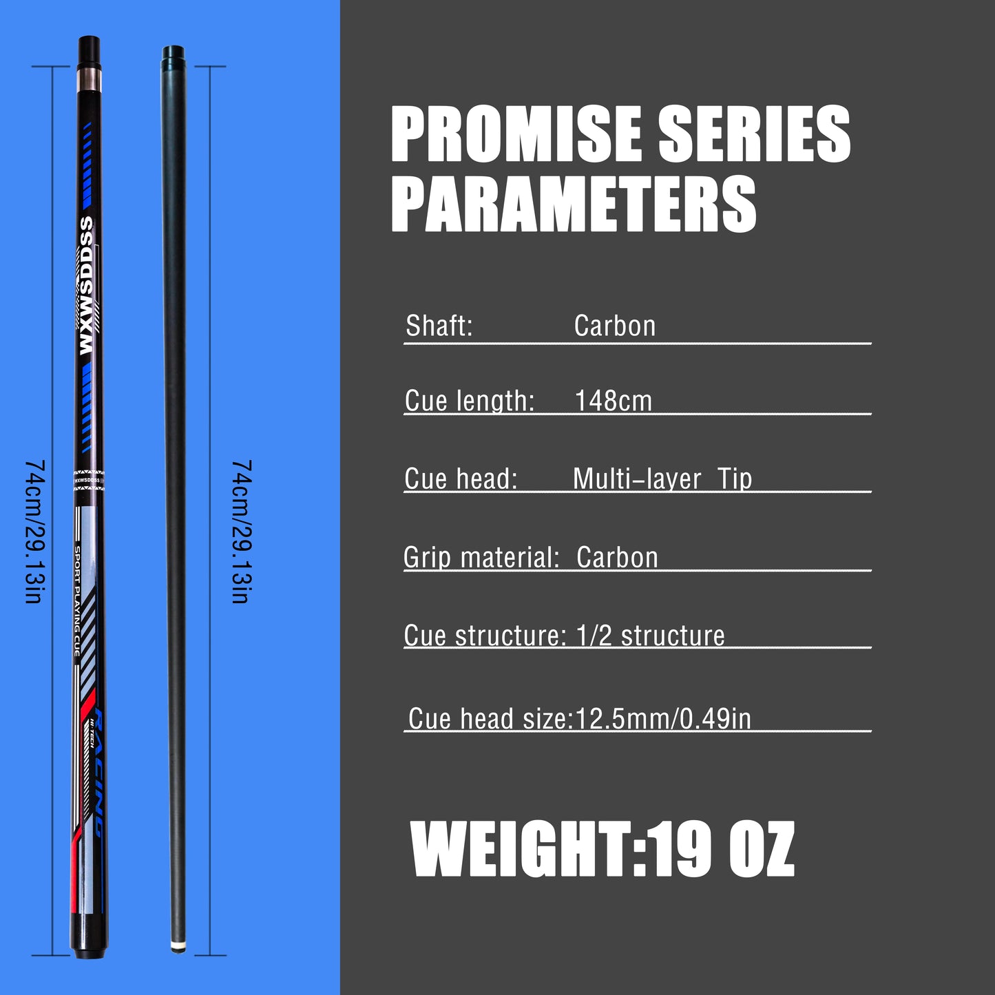 WXWSDDSS 12.5mm Carbon Pool Cue - Low Deflection Shaft • Multi-Layer Tip • Quick-Release Stainless Joint • 58" Pro Cue