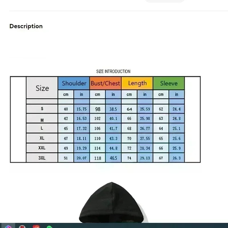 Size chart for a hoodie with measurements in centimeters and inches.