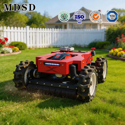 Red lawn mower robot on a grassy lawn with certification logos in the background