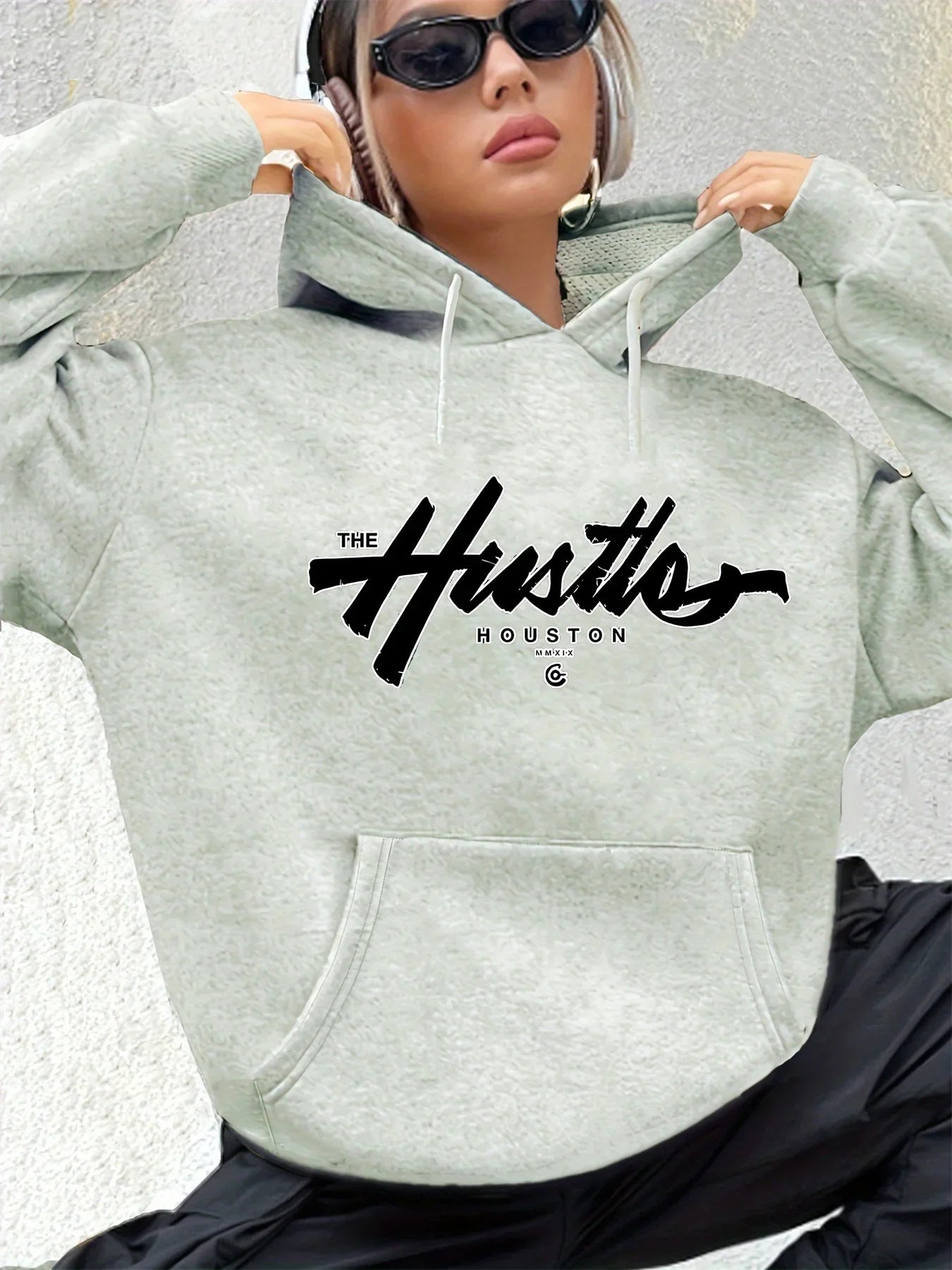 Herbst Winter Damen Locker Warm Houston Buchstabenmuster Wildleder Langarm Kapuzenpullover