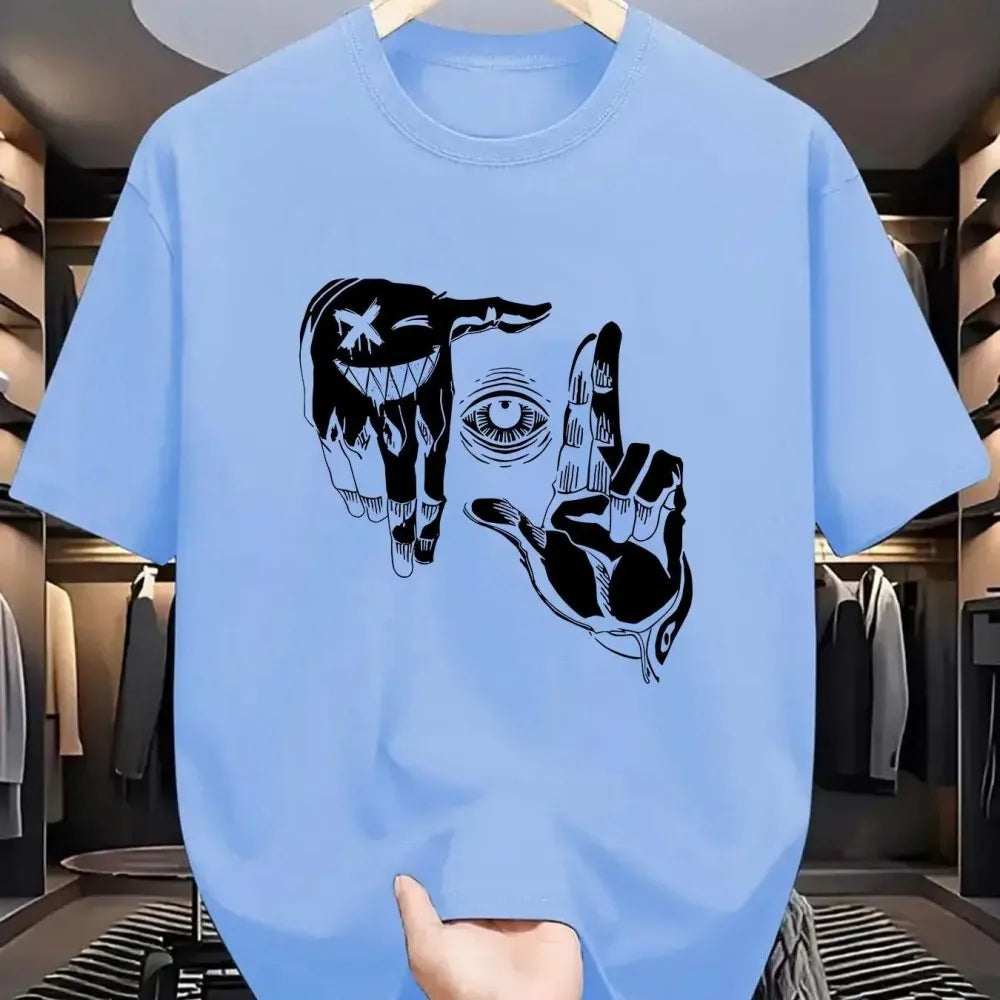 2025 Sommer Herren Polyester Lässig Atmungsaktiv Rundhals-T-Shirt mit Geste Auge Personalisiertem Muster Bedrucktes Outdoor-Oberteil