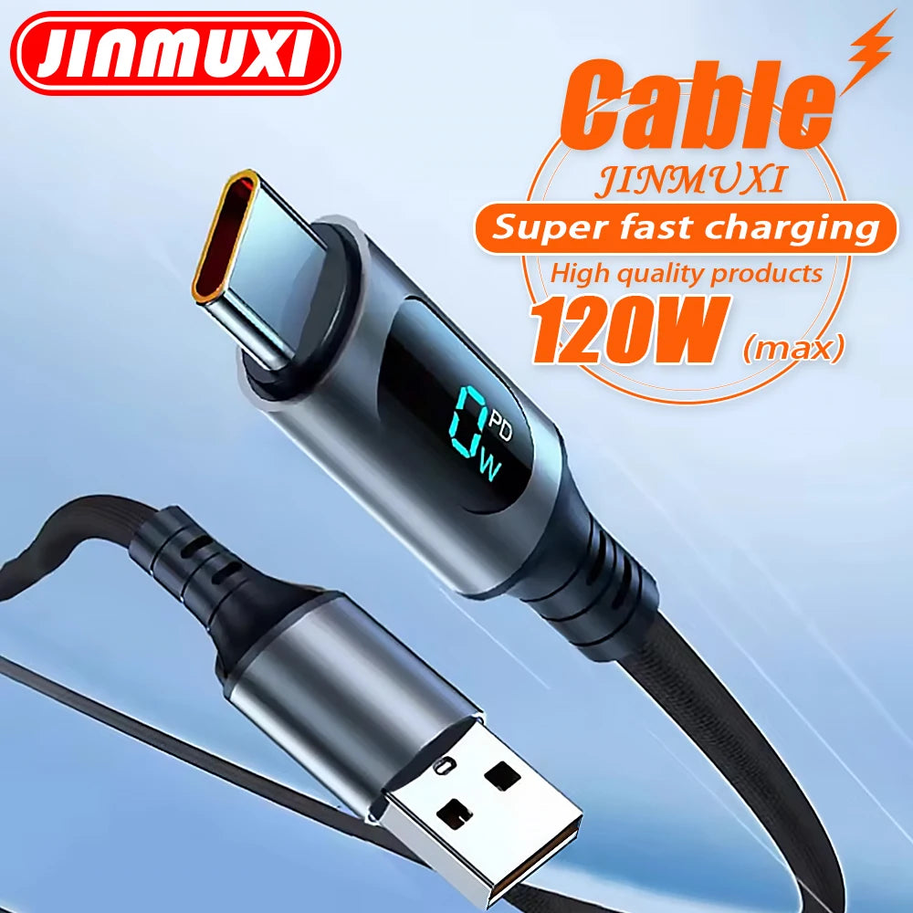 JINMUXI charging cable with digital display on a blue background