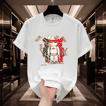 2025 Trendy Brand Summer Society Guy Cartoon Bear Half-sleeved Men's and Women's Silk Cotton Short-sleeved T-shirt Trendy Top