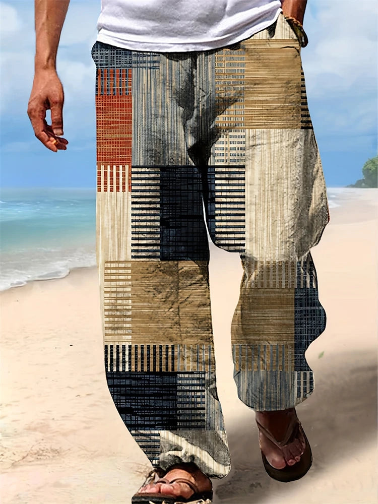 2025 Summer New Men's Casual Pants 3D Retro Shabby Print Beach Pants 100% Polyester Fiber Lightweight Stretch Cord Sweatpants
